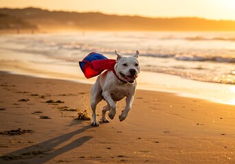 Dog running on beach in superhero cape