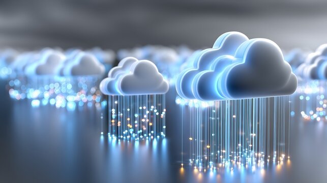 Abstract cloud computing concept with floating cloud icons and glowing data streams