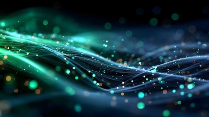 Abstract finance data mesh with neon blue and green glow for high-resolution brochure background