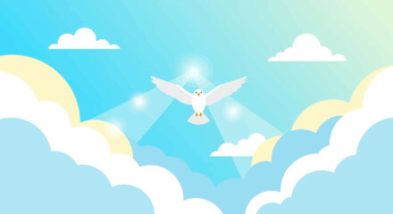 Dove in the Sky among Clouds, Symbol of Peace, Religion, and Freedom, Conceptual Heavenly Scene