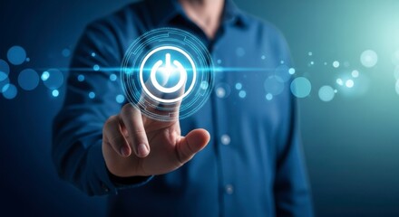 A person pressing a digital power button with their finger in a blue lit futuristic environment