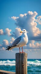 Obraz premium Seagull Perched on Wooden Post with Ocean and Sky Background