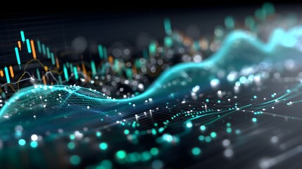 Abstract finance data mesh with detailed graphs and neon blue and green glow for financial report background