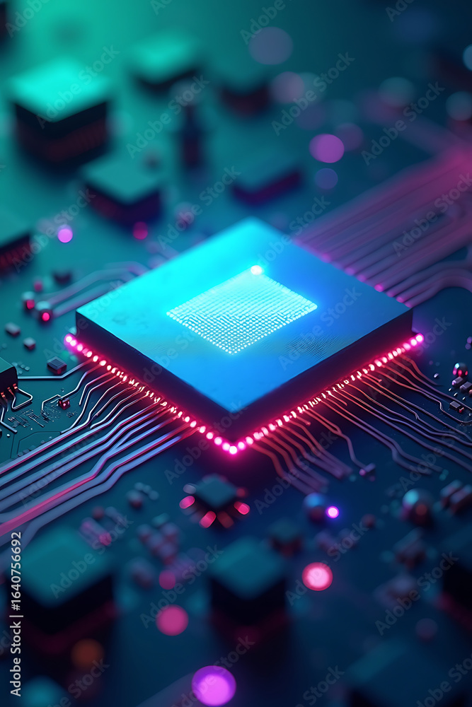 Poster glowing central processing unit on a circuit board, illuminated with vibrant neon colors.
