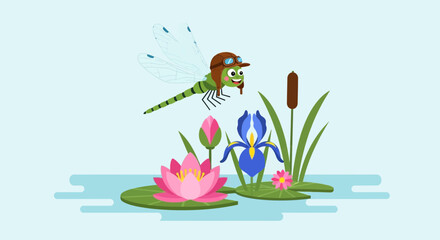 Fototapeta premium Dragonfly In Aviator Hat Flying Above Water Lilies And Irises Cartoon Illustration
