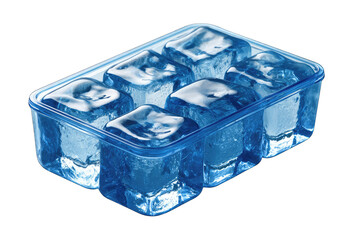 Clear plastic ice cube tray filled with six large, clear, blue ice cubes