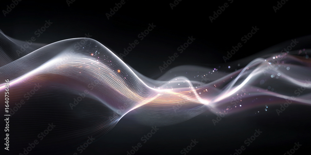 Poster flowing luminous ribbons with sparkling particles abstract light