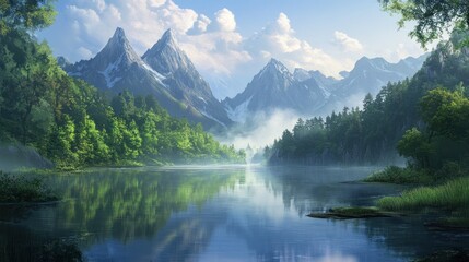 Serene mountain lake reflecting majestic peaks at sunrise.