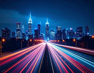 Fototapeta premium City skyline at night with light trails from traffic, ultra realistic, 8k