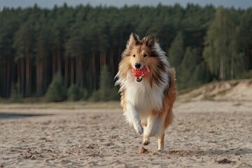 A fluffy collie dog runs on a sandy beach, holding a red ball