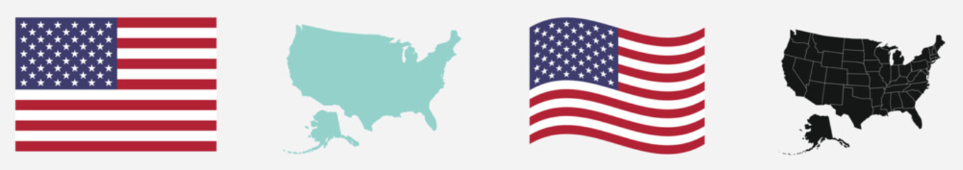 USA map set with multiple styles and a detailed national flag design. Perfect for patriotic themes, travel concepts, education, and creative graphic design projects.