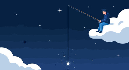 Naklejka premium Dream Catcher: Conceptual Illustration of a Man Fishing for Stars on a Cloud in the Night Sky