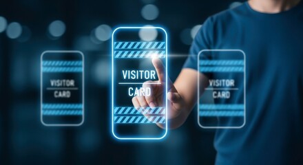 A person interacting with a digital visitor card interface on a glowing virtual screen display system
