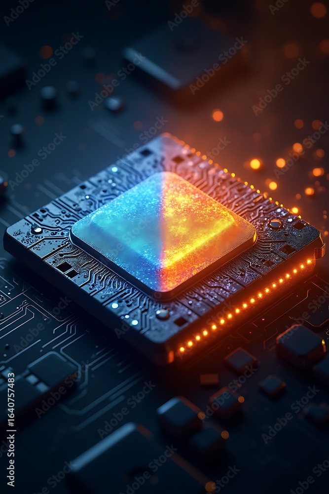 Aufkleber close-up of a glowing central processing unit on a circuit board, showcasing intricate details and v