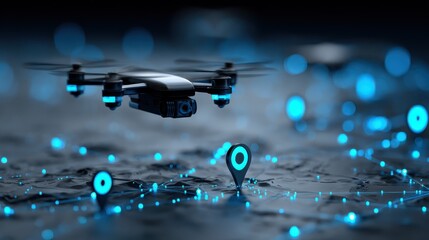 A drone flying over a digital map with glowing location markers and connections visible