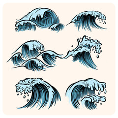Obraz premium Set of Six Stylized Ocean Waves Illustrations