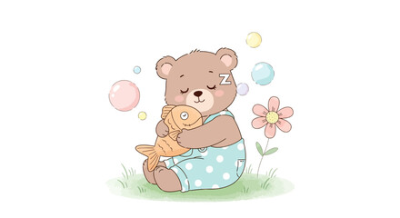 Fototapeta premium Dreamy Bear Cuddling a Fish in a World of Bubbles and Pastel Serenity