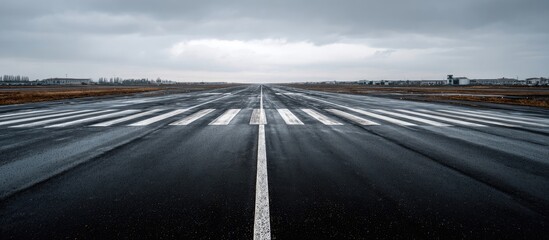Empty wet runway under a cloudy sky