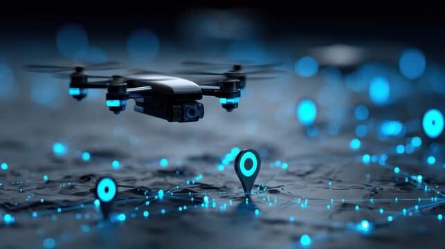 A drone flying over a digital map with glowing location markers and connections visible