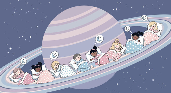 Dreamy Slumber Party On Saturn Ring A Whimsical Illustration For Children's Content