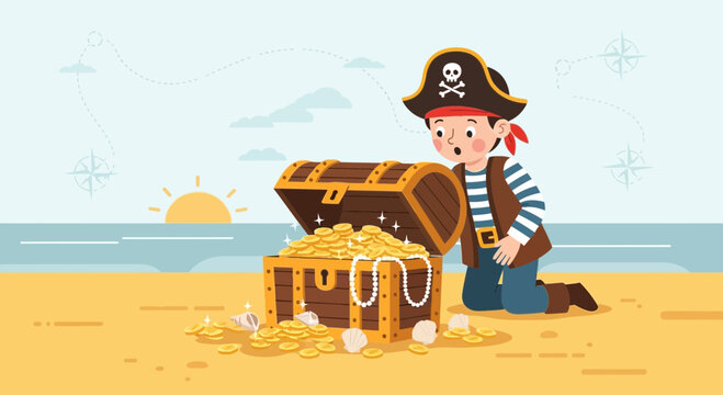 Excited Pirate Discovery Found Golden Treasure Chest on the Beach