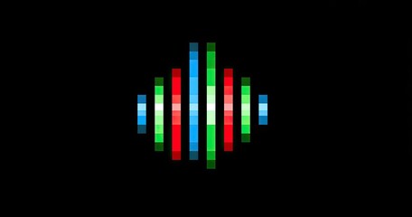 Pixelated sound wave graphic.  Vibrant colors against a black background, showing a stylized sound wave form.  Digital, abstract, and geometric