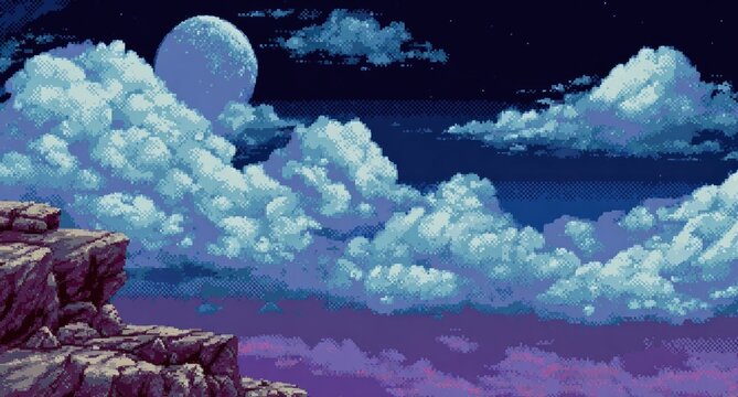 Pixelated night sky over rocky cliff