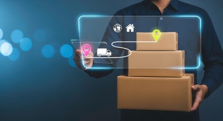 A person holding boxes with a digital delivery route overlay on a blue gradient background image
