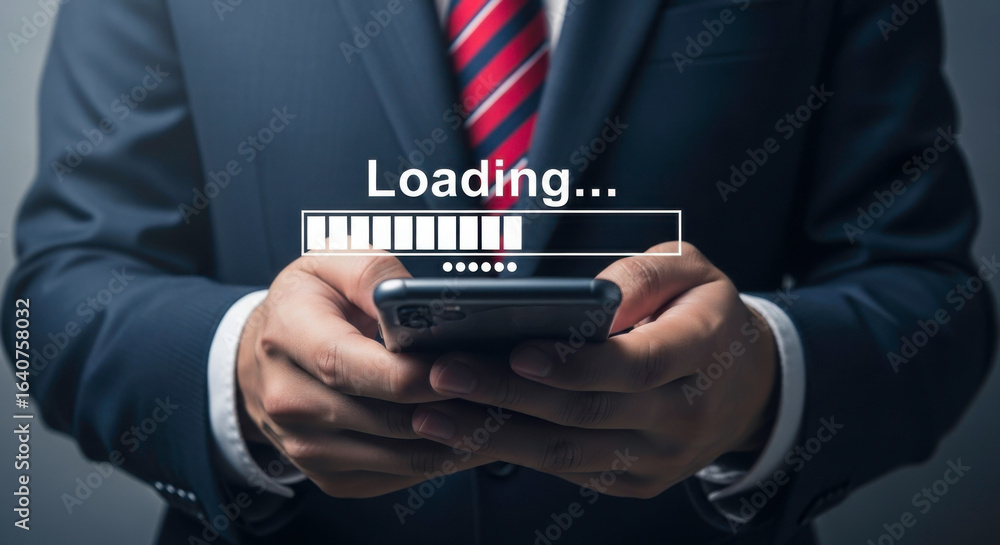 Poster a businessman holding a smartphone with a loading bar displayed on the screen in a close up shot