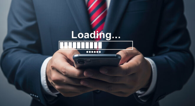 A businessman holding a smartphone with a loading bar displayed on the screen in a close up shot