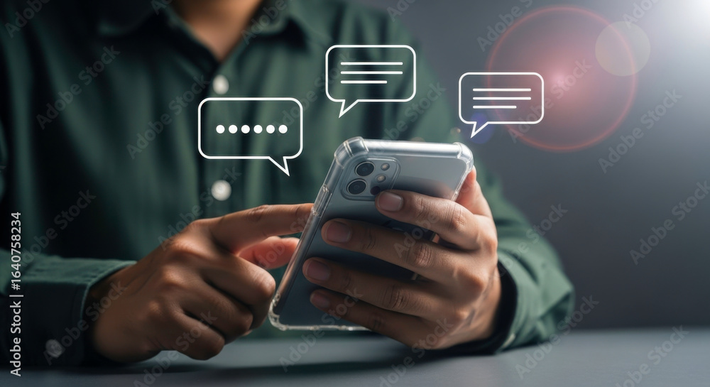 Poster person using a smartphone with message bubbles above it indicating communication and digital interac