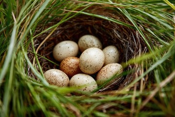 Obraz premium Nest full of speckled eggs nestled in tall grass (1)