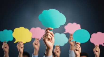 Multiple hands holding colorful speech bubbles expressing ideas and opinions
