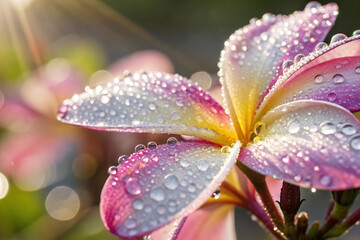 Close-up of a Plumeria Flower Covered in Dew Drops
