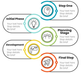 Colorful step-by-step business process infographic with 5 phases, perfect for project management or presentations. 5 step business infographic timeline. Project planning infographic with icons.