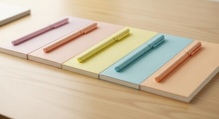 Pastel Pens Lying on Colorful Notebooks stationery