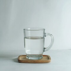 A clear glass mug half-filled with water sits on a small wooden tray against a white background.