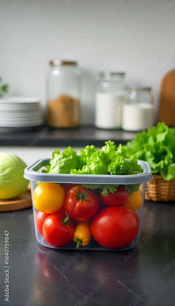 Poster generative ai image of a clear container holding fresh produce including tomatoes and lettuce