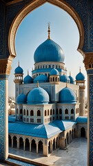 Magnificent Islamic Mosque with Blue Domes Captured Through An Archway View