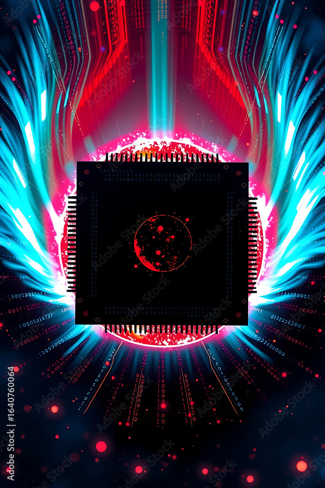Poster abstract digital art featuring a central computer chip surrounded by vibrant energy beams and glowin