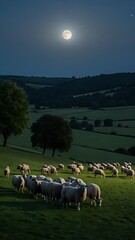 Peaceful Rural Meadow with Sheep Grazing Under a Clear Night Sky