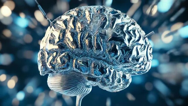 Metallic brain reflecting light and crumbling, showing concept of artificial intelligence