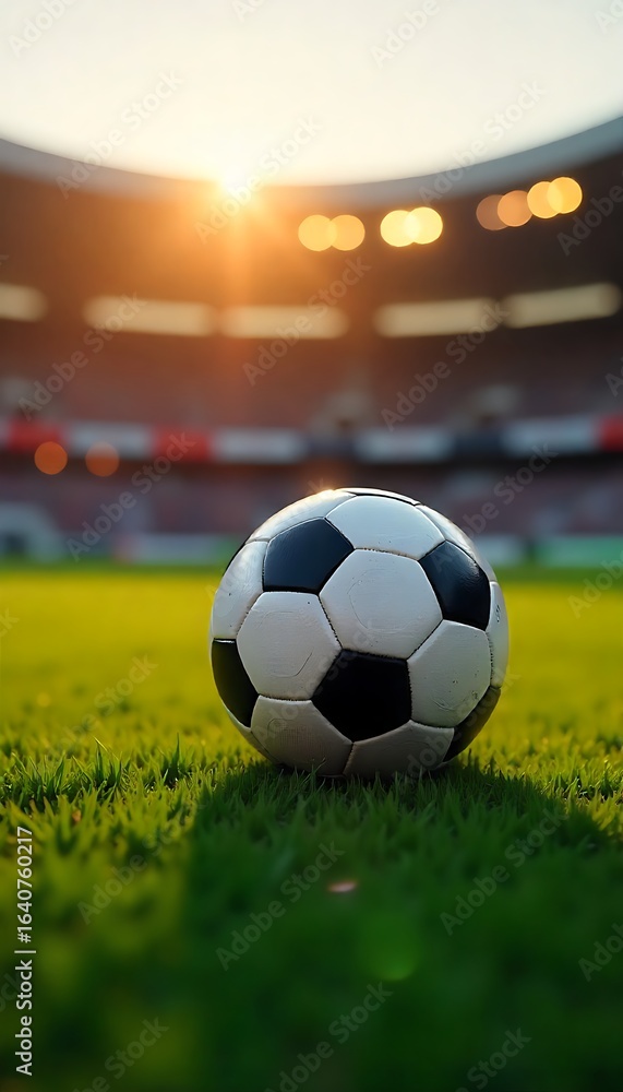 Poster generative ai image of a football on the field with a stadium in the background under the sunlight