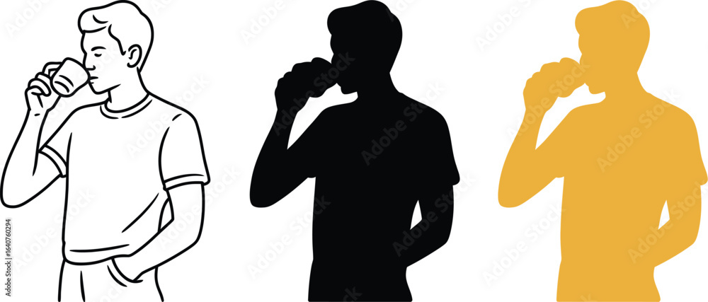 Poster man enjoying coffee break in stylish minimalist design with different styles