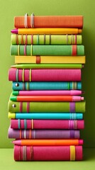 Stack of colorful books and pens