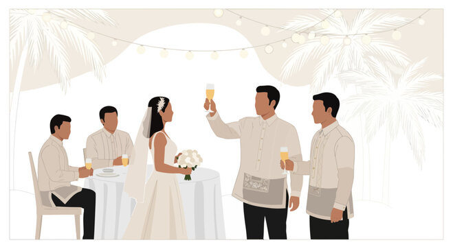 Elegant Philippine Wedding Toast Illustration Featuring Barong Tagalog and Bride with Bouquet Celebrates Under Palm Trees and Festive Lights