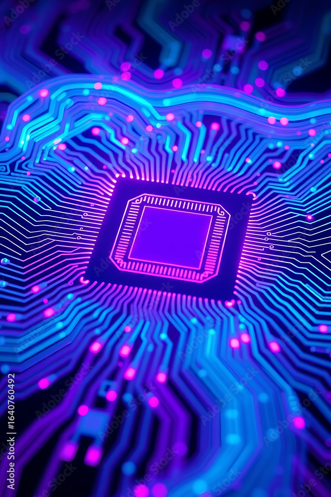 Poster close-up view of a vibrant, glowing circuit board with a central processor chip.