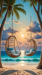 Tropical Beach Sunset With Palm Trees and Ocean View