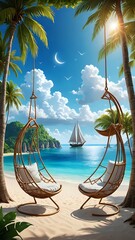 Tropical Beach Sunset With Palm Trees and Ocean View