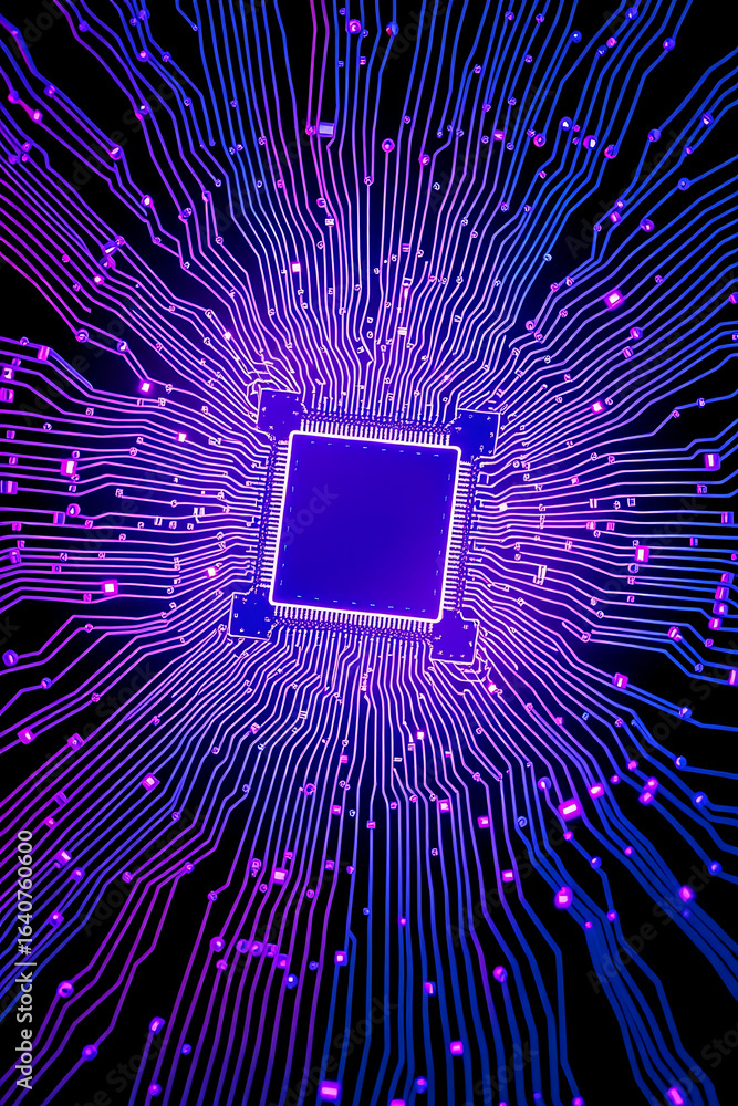 Aufkleber abstract illustration of a glowing computer microchip with intricate circuit pathways.